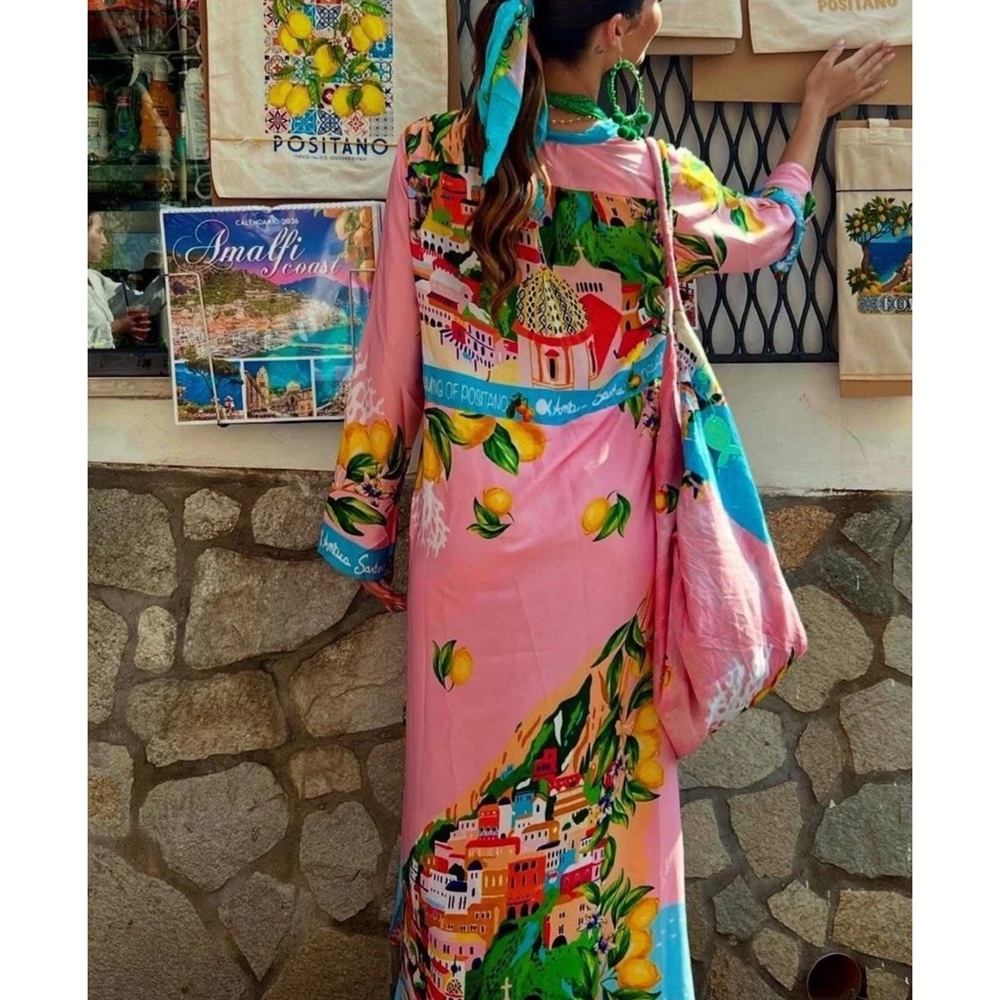 Antica Sartoria Capri by the sea Pink kaftan dress Mumu NWT L/XL - Picture 2 of 4